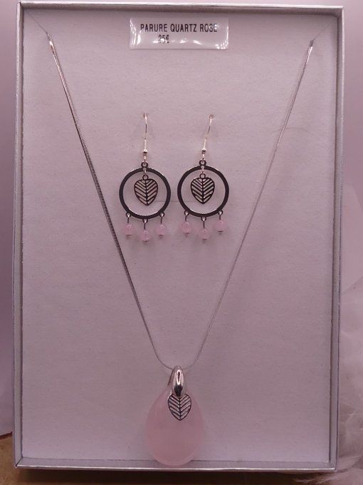 Parure quartz rose argentée