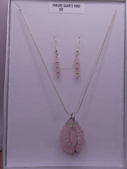 Parure quartz rose argentée